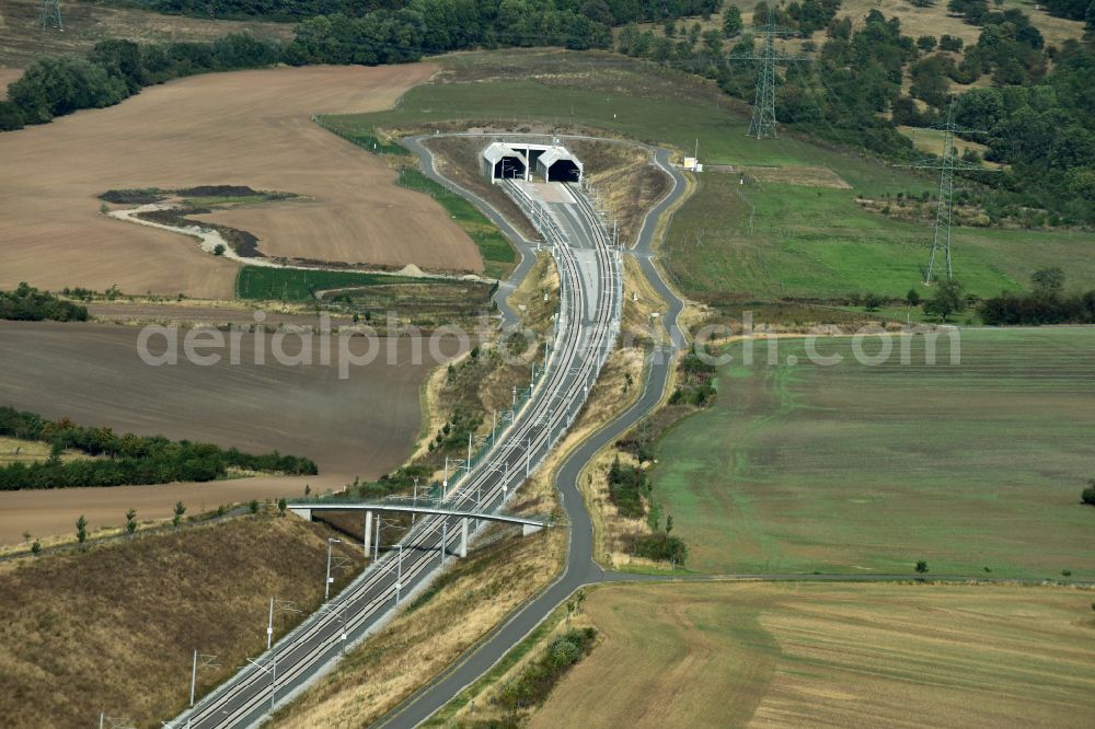 Aerial image Finneland - Construction site for new train- tunnel construction Finnetunnel - Bibratunnel the train and ICE route in Finneland in the state Saxony-Anhalt, Germany