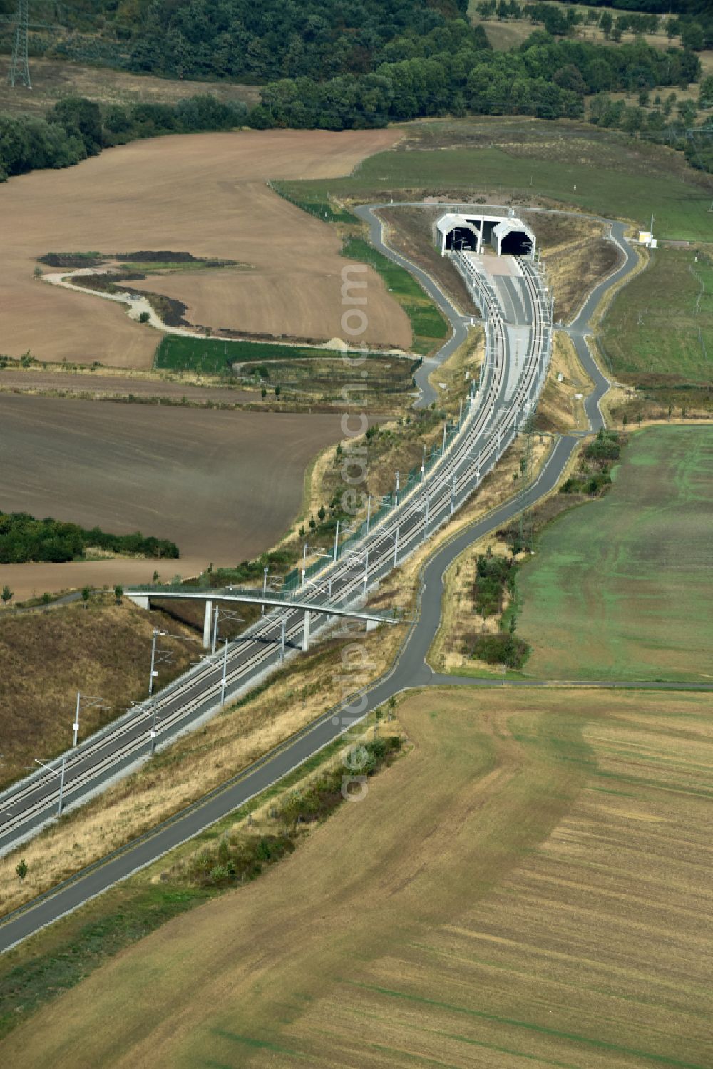 Aerial photograph Finneland - Construction site for new train- tunnel construction Finnetunnel - Bibratunnel the train and ICE route in Finneland in the state Saxony-Anhalt, Germany