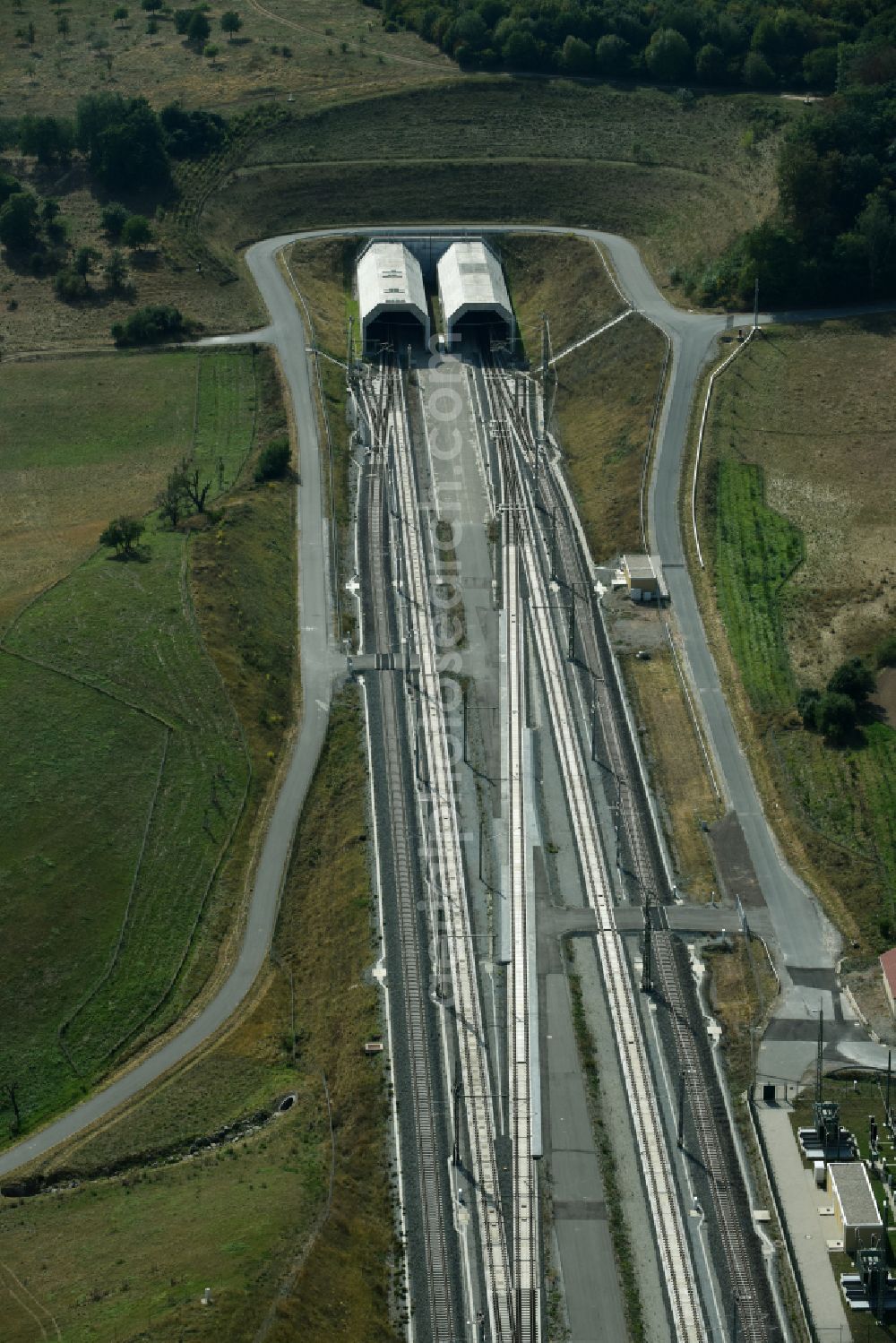 Aerial photograph Finneland - Construction site for new train- tunnel construction Finnetunnel - Bibratunnel the train and ICE route in Finneland in the state Saxony-Anhalt, Germany