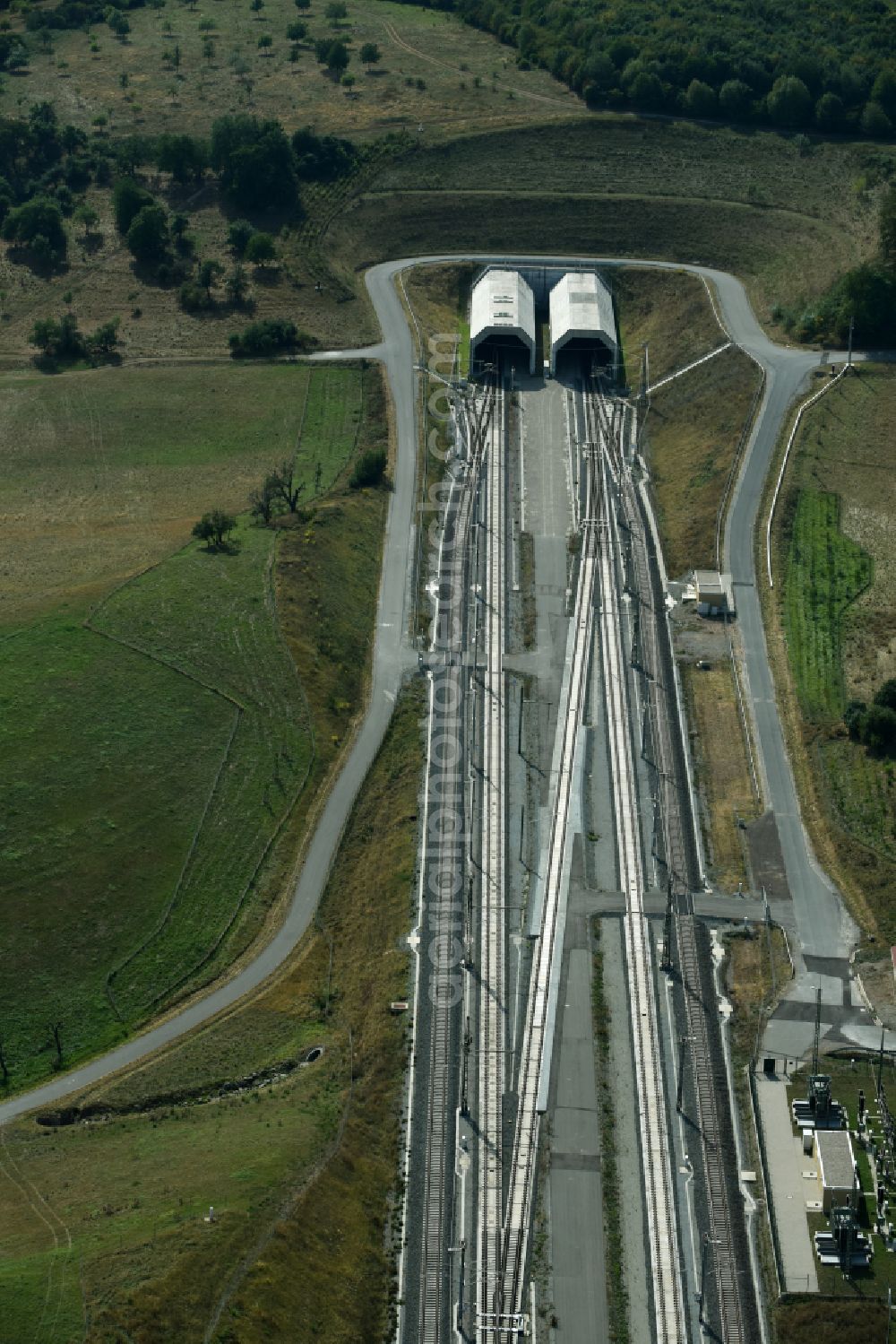 Finneland from above - Construction site for new train- tunnel construction Finnetunnel - Bibratunnel the train and ICE route in Finneland in the state Saxony-Anhalt, Germany