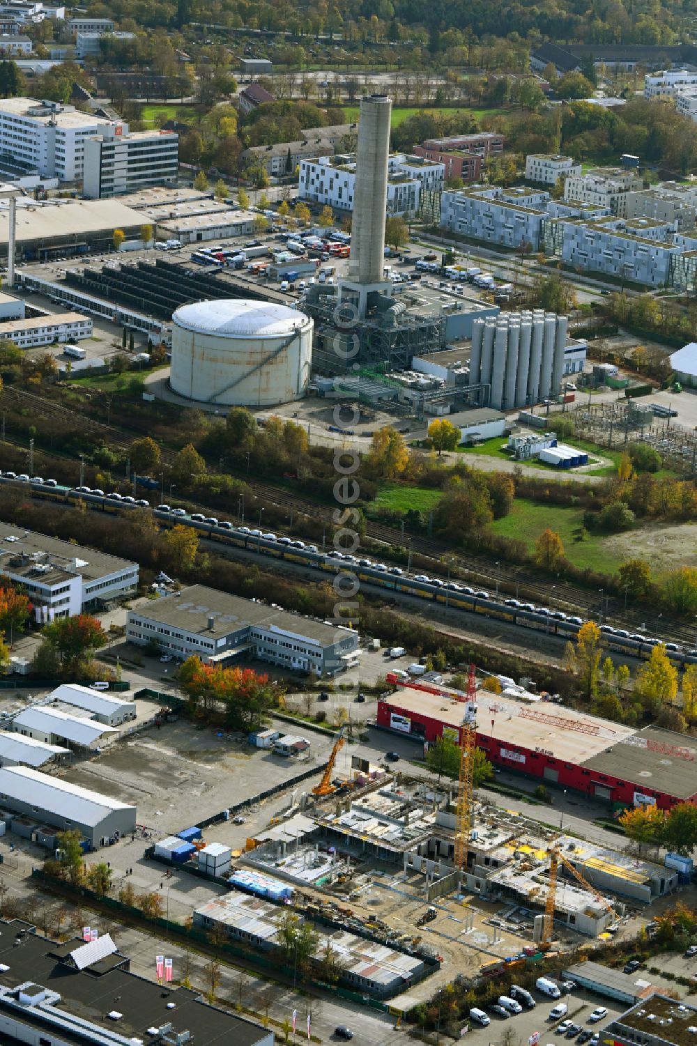 Aerial photograph München - Construction site for the new building of Asylum accommodation buildings Arrival center - asylum reception center in the district Freimann in Munich in the state Bavaria, Germany