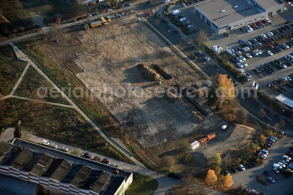 Berlin from above - Construction site for the new building of Asylum accommodation buildings Dingolfinger Strasse - Walsheimer Strasse in Berlin