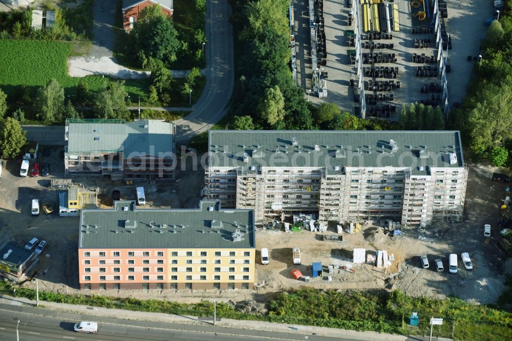 Aerial image Leipzig - Construction site for the new building of Asylum accommodation buildings of LESG Gesellschaft of Stadt Leipzig to the Erschliessung, Entwicklung and Sanierung von Baugebieten mbH on Arno-Nitzsche-Strasse in the district Connewitz in Leipzig in the state Saxony