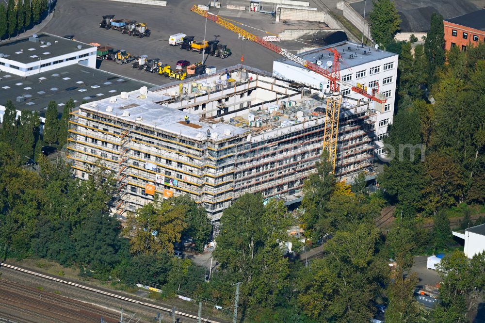 Berlin from above - Construction site for the new building of Asylum accommodation buildings on street Freiheit in the district Spandau in Berlin, Germany