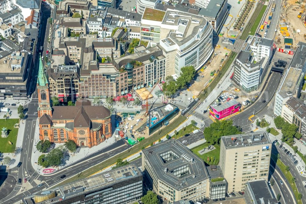 Düsseldorf from above - Construction site of Gastronomiepavillon on Johanneskirche at Martin-Luther-Platz in the district Stadtmitte in Duesseldorf in the state North Rhine-Westphalia, Germany