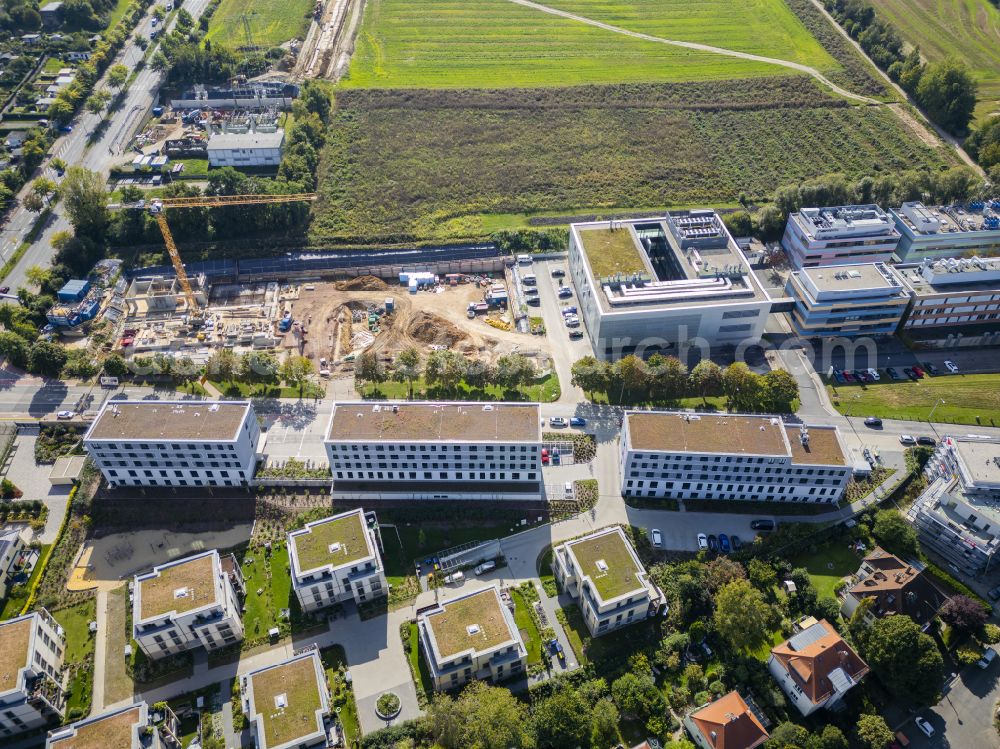 Dresden from above - New building construction site at the building complex of the institute New Building Center Cognitive Production Systems CPS on Noethnitzer Strasse in the Raecknitz district of Dresden in the state of Saxony, Germany