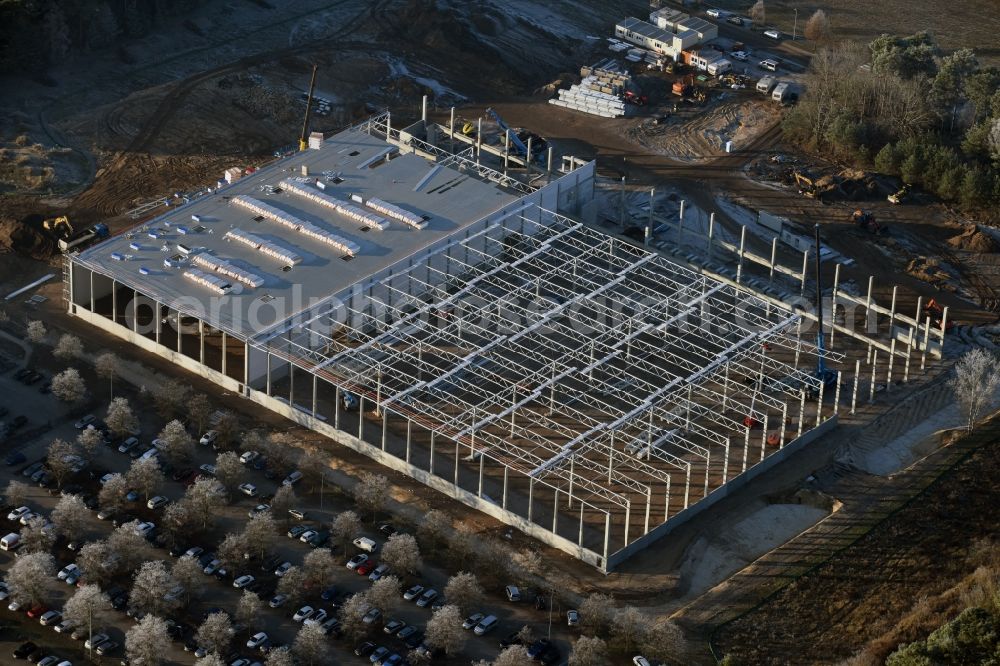 Freienbrink from the bird's eye view: Construction site of building complex and distribution center on the site of GLX Global Logistic Services GmbH - CDC on Kiefernstrasse in Freienbrink in the state Brandenburg, Germany