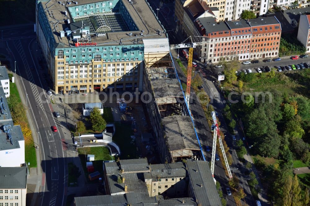 Aerial image Leipzig - Construction site building complex of the ruins of the Bugra exhibition hall in Leipzig in Saxony. The Hildebrand & Juergens GmbH plans to historically appropriate renovation and remodeling of the historic building