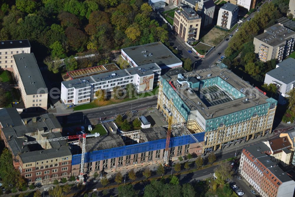 Aerial image Leipzig - Construction site building complex of the ruins of the Bugra exhibition hall in Leipzig in Saxony. The Hildebrand & Juergens GmbH plans to historically appropriate renovation and remodeling of the historic building