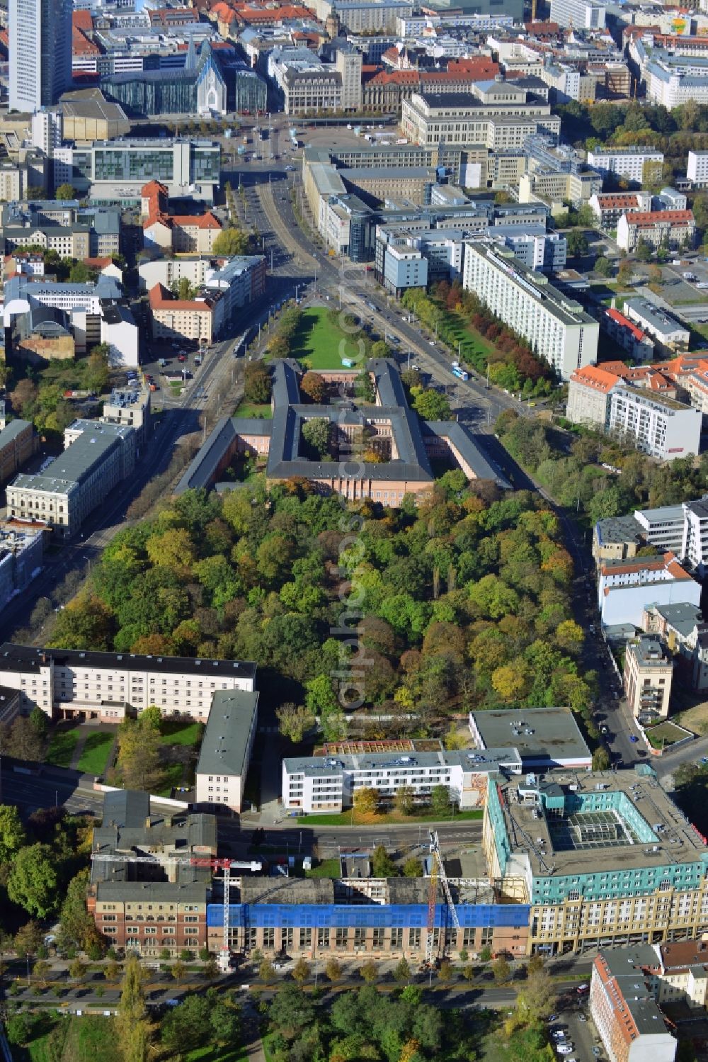 Leipzig from above - Construction site building complex of the ruins of the Bugra exhibition hall in Leipzig in Saxony. The Hildebrand & Juergens GmbH plans to historically appropriate renovation and remodeling of the historic building