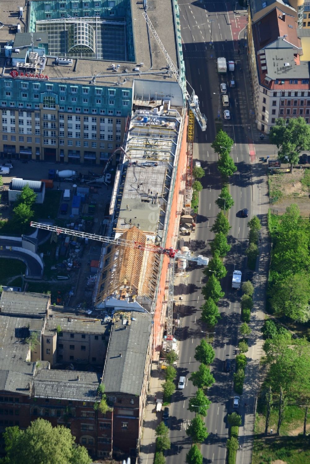 Leipzig from above - Construction site building complex of the ruins of the Bugra exhibition hall in Leipzig in Saxony. The Hildebrand & Juergens GmbH plans to historically appropriate renovation and remodeling of the historic building