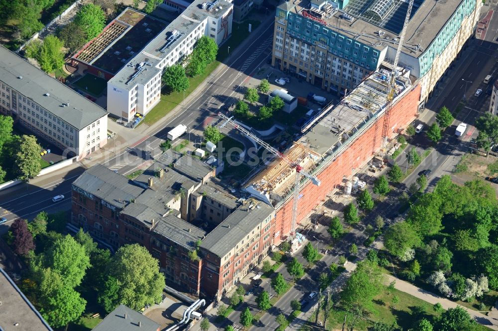 Aerial image Leipzig - Construction site building complex of the ruins of the Bugra exhibition hall in Leipzig in Saxony. The Hildebrand & Juergens GmbH plans to historically appropriate renovation and remodeling of the historic building