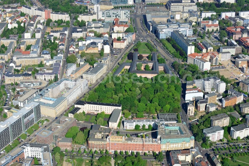 Aerial photograph Leipzig - Construction site building complex of the ruins of the Bugra exhibition hall in Leipzig in Saxony. The Hildebrand & Juergens GmbH plans to historically appropriate renovation and remodeling of the historic building