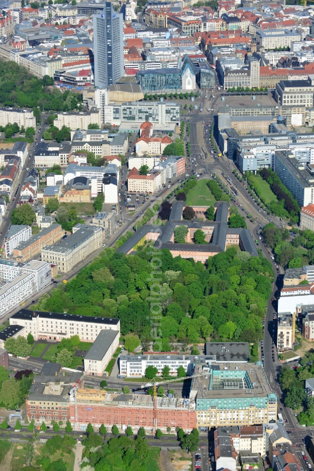 Leipzig from above - Construction site building complex of the ruins of the Bugra exhibition hall in Leipzig in Saxony. The Hildebrand & Juergens GmbH plans to historically appropriate renovation and remodeling of the historic building