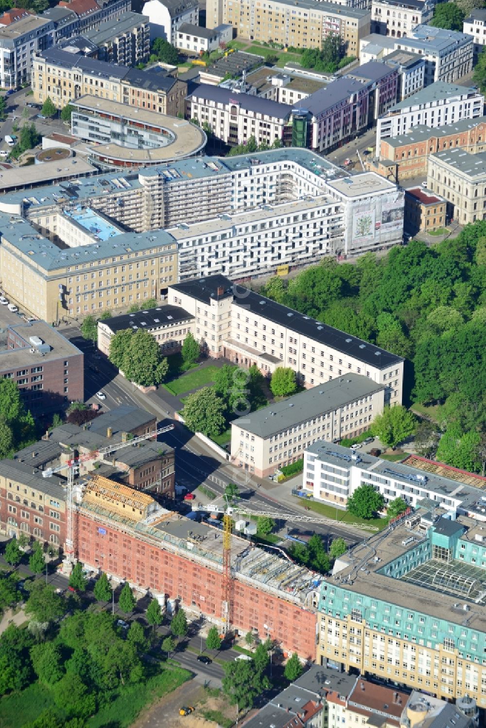 Aerial image Leipzig - Construction site building complex of the ruins of the Bugra exhibition hall in Leipzig in Saxony. The Hildebrand & Juergens GmbH plans to historically appropriate renovation and remodeling of the historic building