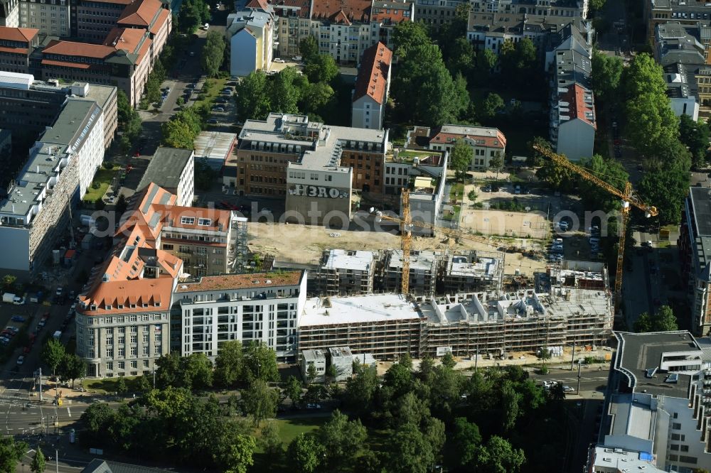 Leipzig from above - Gutted buildings on the area of a former printing plant in Leipzig in the state Saxony. The old buildings are part of a housing project