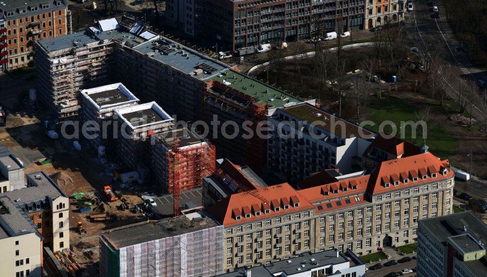 Leipzig from above - Gutted buildings on the area of a former printing plant in Leipzig in the state Saxony. The old buildings are part of a housing project