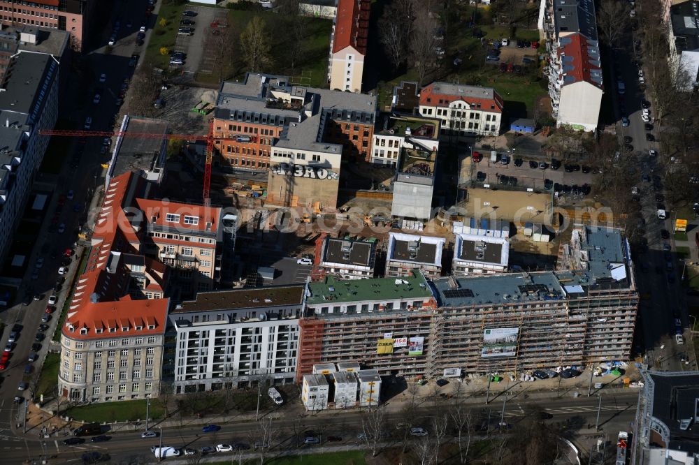 Leipzig from above - Gutted buildings on the area of a former printing plant in Leipzig in the state Saxony. The old buildings are part of a housing project