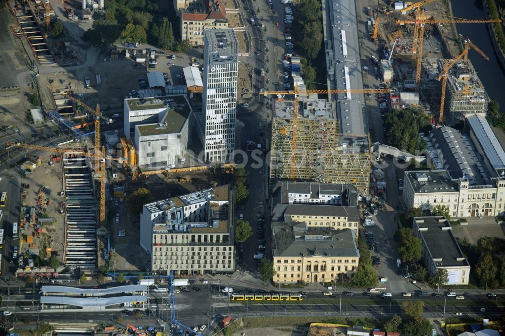 Berlin from above - Construction site for the new Europacity on Heidestrasse in Berlin in Germany. View of the Southern area of the new business and residential quarter. A tunnel for the S 21 rail line is being completed as well