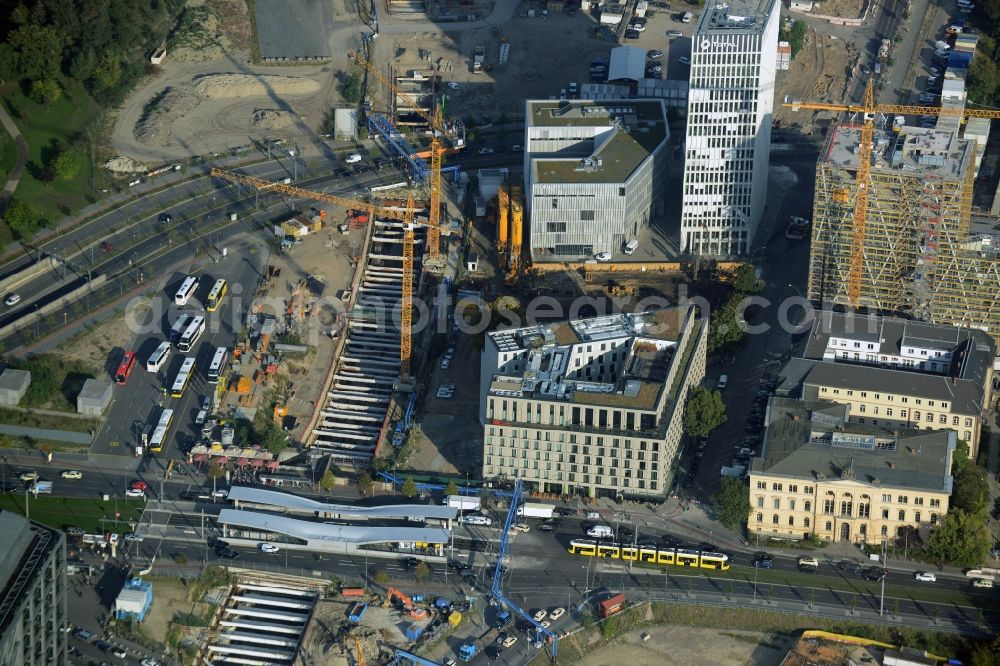 Aerial image Berlin - Construction site for the new Europacity on Heidestrasse in Berlin in Germany. View of the Southern area of the new business and residential quarter. A tunnel for the S 21 rail line is being completed as well