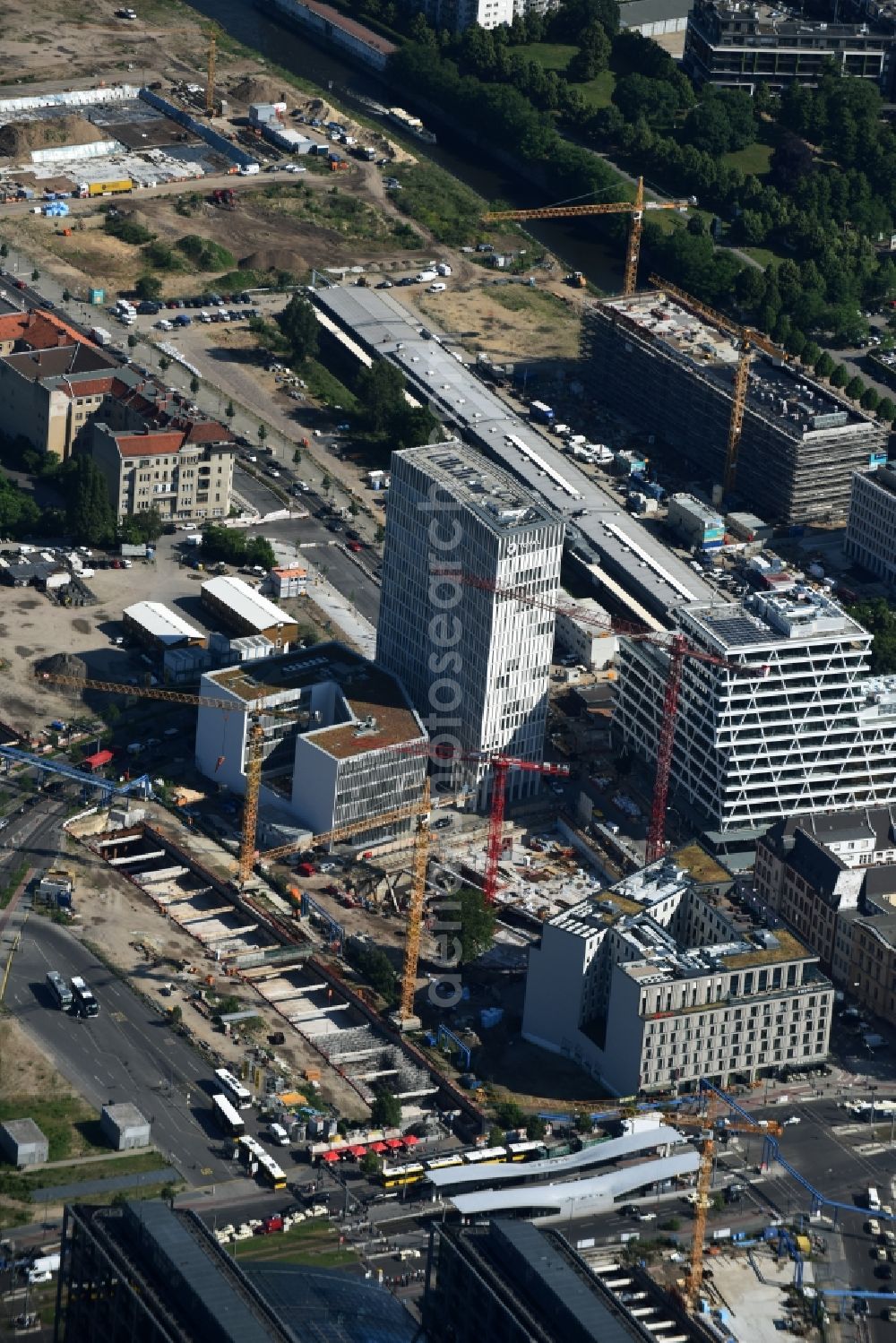 Berlin from above - Construction site for the new Europacity on Heidestrasse in Berlin in Germany. View of the Southern area of the new business and residential quarter. A tunnel for the S 21 rail line is being completed as well