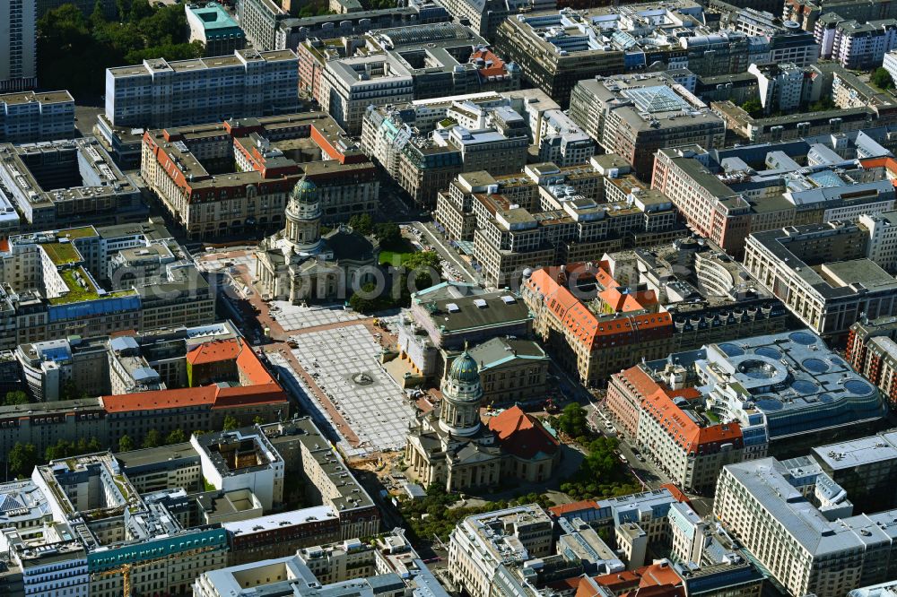 Aerial image Berlin - Construction site place Gendarmenmarkt with the ensemble of buildings German and French Cathedral, Schauspielhaus in the Mitte district in the district Mitte in Berlin, Germany