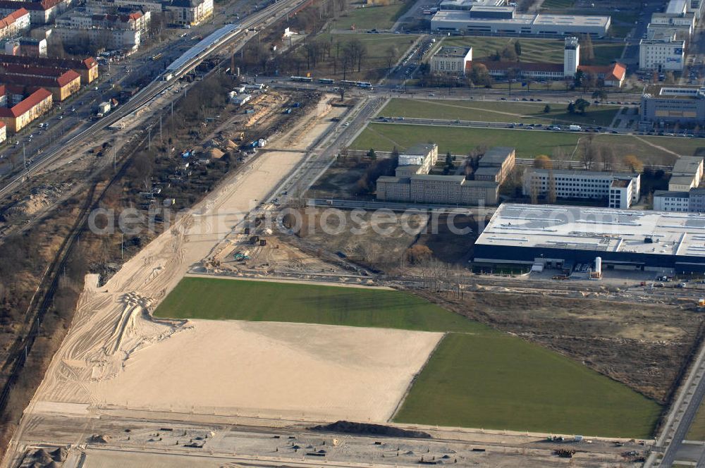 Aerial image Berlin - Blick auf den Bau von Hallen und Büroräumen am Groß-Berliner Damm in Berlin-Adlershof. Adlershof ist ein Ortsteil im Bezirk Treptow-Köpenick von Berlin. Im Gewerbepark am Groß-Berliner Damm in unmittelbarer Nähe zum Wirtschafts- und Wissenschaftsstandort Adlershof baut die TLG Immobilien Hallen und Büroräume für produzierendes Gewerbe, Maschinenbauer, Vertriebs-, Großhandel- und Logistikunternehmen. Kontakt: TLG IMMOBILIEN GmbH, Herr Alexan der Meißner, Tel. +49 (030) 24 303 391,