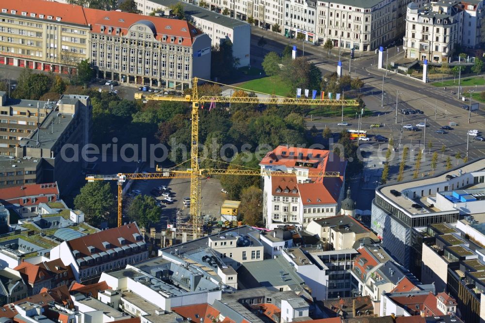 Leipzig from the bird's eye view: Construction site of the GP Guenther Papenburg AG at the Grossen Fleischergasse near the Hoefe am Bruehl in Leipzig in Saxony