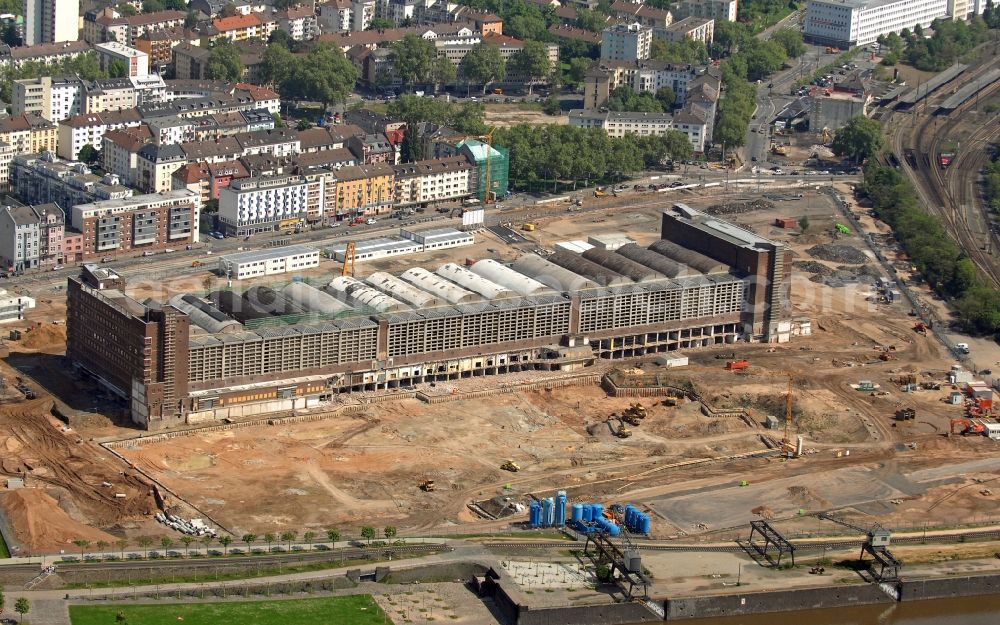 Frankfurt am Main from above - High-rise construction of the twin towers of the ECB's headquarters in Frankfurt / Main in Hesse. The new headquarters of the European Central Bank is a design by the architects of Coop Himmelb (l) au