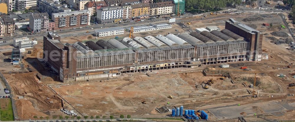 Aerial photograph Frankfurt am Main - High-rise construction of the twin towers of the ECB's headquarters in Frankfurt / Main in Hesse. The new headquarters of the European Central Bank is a design by the architects of Coop Himmelb (l) au