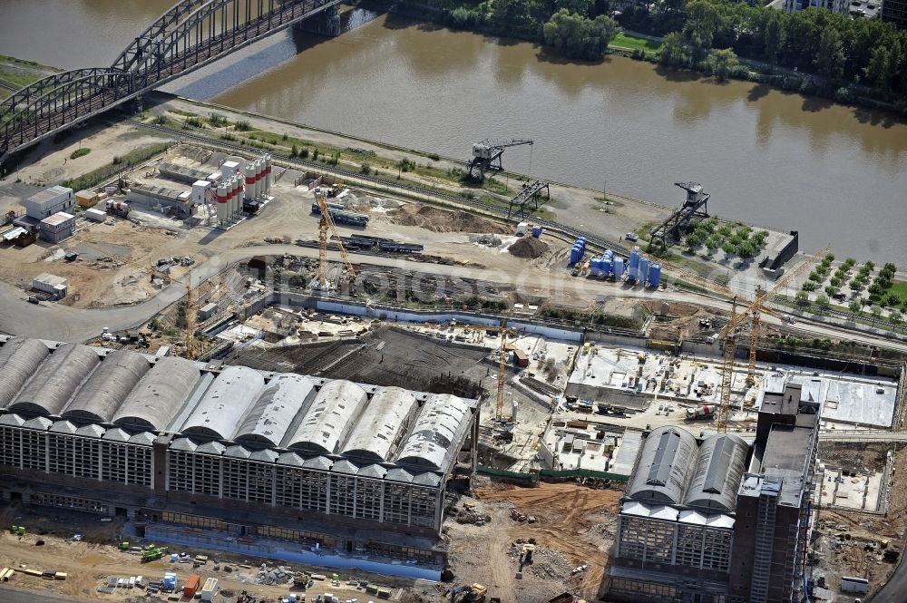 Frankfurt am Main from above - High-rise construction of the twin towers of the ECB's headquarters in Frankfurt / Main in Hesse. The new headquarters of the European Central Bank is a design by the architects of Coop Himmelb (l) au