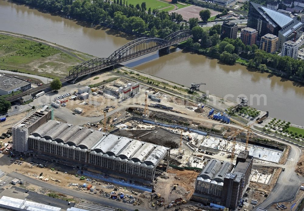 Frankfurt am Main from above - High-rise construction of the twin towers of the ECB's headquarters in Frankfurt / Main in Hesse. The new headquarters of the European Central Bank is a design by the architects of Coop Himmelb (l) au