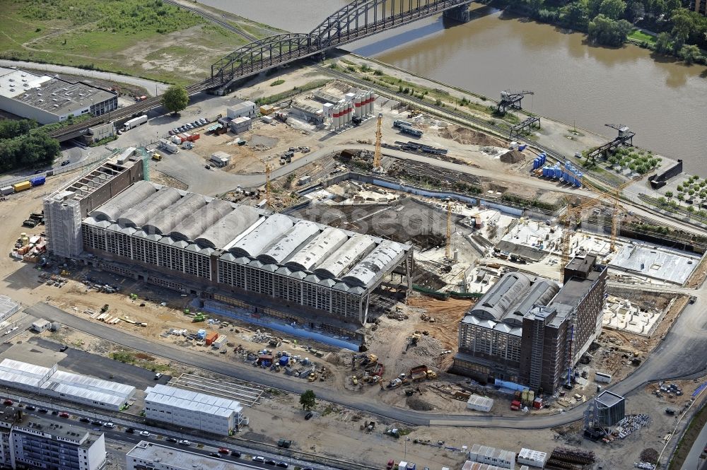 Aerial image Frankfurt am Main - High-rise construction of the twin towers of the ECB's headquarters in Frankfurt / Main in Hesse. The new headquarters of the European Central Bank is a design by the architects of Coop Himmelb (l) au