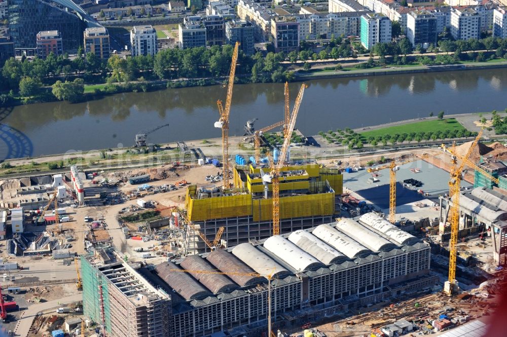 Aerial photograph Frankfurt am Main - High-rise construction of the twin towers of the ECB's headquarters in Frankfurt / Main in Hesse. The new headquarters of the European Central Bank is a design by the architects of Coop Himmelb (l) au