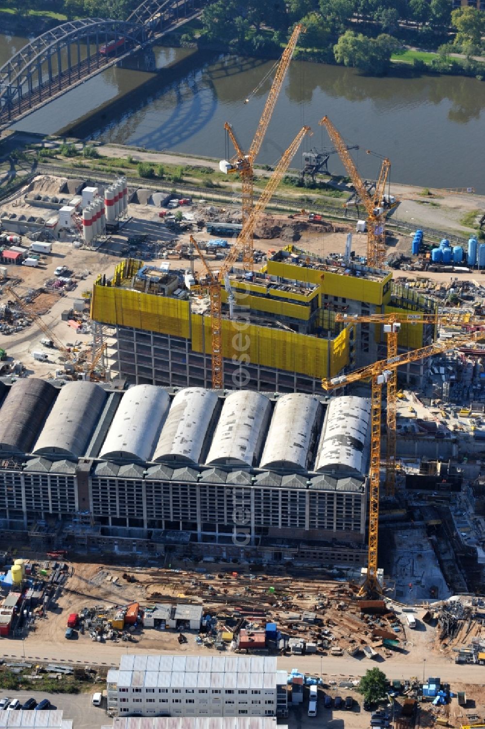 Aerial image Frankfurt am Main - High-rise construction of the twin towers of the ECB's headquarters in Frankfurt / Main in Hesse. The new headquarters of the European Central Bank is a design by the architects of Coop Himmelb (l) au