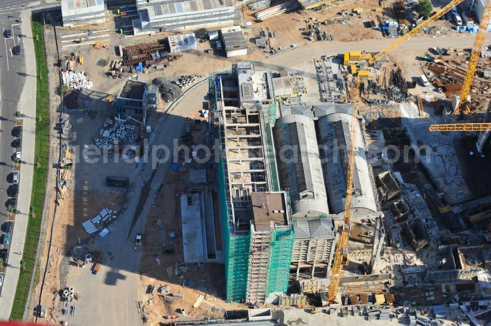 Aerial photograph Frankfurt am Main - High-rise construction of the twin towers of the ECB's headquarters in Frankfurt / Main in Hesse. The new headquarters of the European Central Bank is a design by the architects of Coop Himmelb (l) au