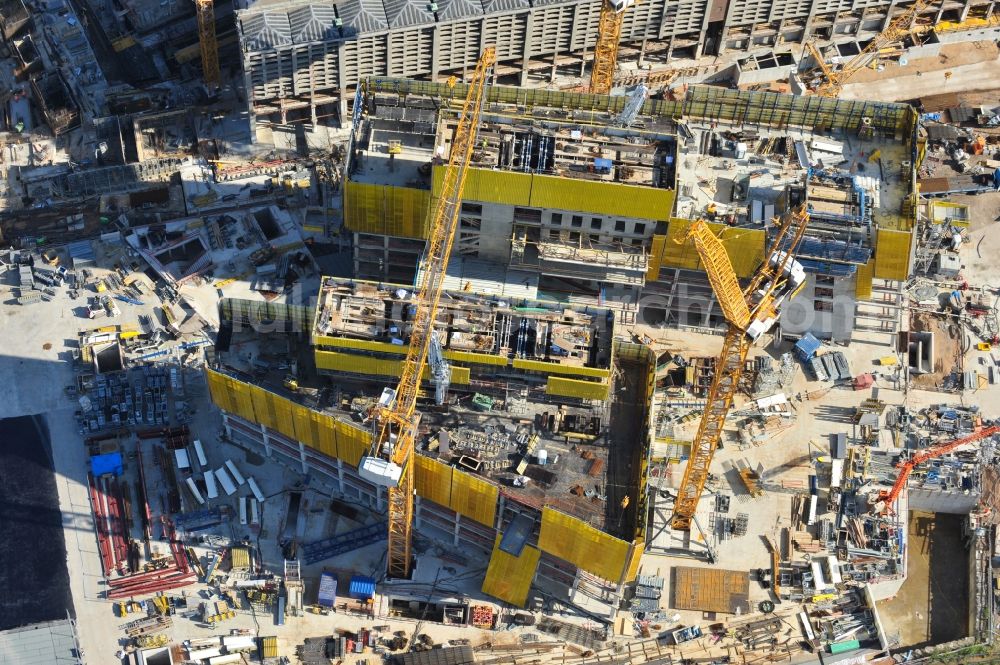 Frankfurt am Main from above - High-rise construction of the twin towers of the ECB's headquarters in Frankfurt / Main in Hesse. The new headquarters of the European Central Bank is a design by the architects of Coop Himmelb (l) au