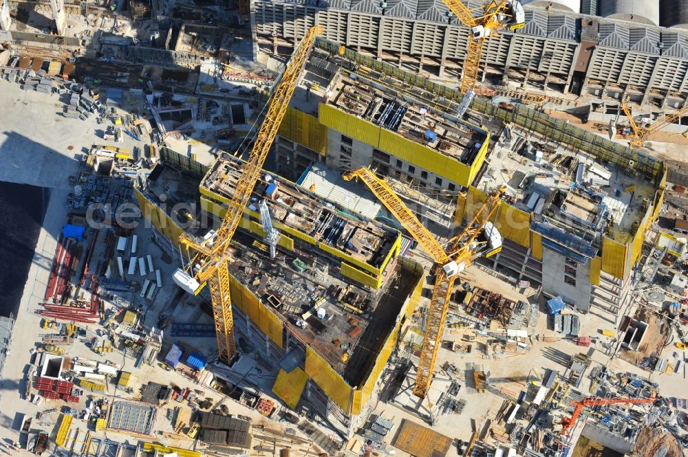 Aerial image Frankfurt am Main - High-rise construction of the twin towers of the ECB's headquarters in Frankfurt / Main in Hesse. The new headquarters of the European Central Bank is a design by the architects of Coop Himmelb (l) au