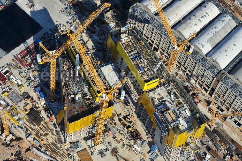 Frankfurt am Main from above - High-rise construction of the twin towers of the ECB's headquarters in Frankfurt / Main in Hesse. The new headquarters of the European Central Bank is a design by the architects of Coop Himmelb (l) au