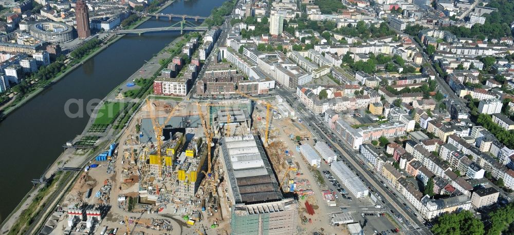 Aerial image Frankfurt am Main - High-rise construction of the twin towers of the ECB's headquarters in Frankfurt / Main in Hesse. The new headquarters of the European Central Bank is a design by the architects of Coop Himmelb (l) au