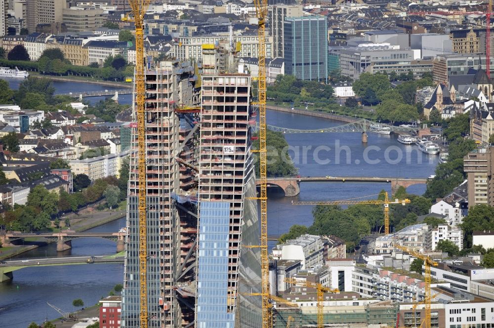 Frankfurt am Main from above - High-rise construction of the twin towers of the ECB's headquarters in Frankfurt / Main in Hesse. The new headquarters of the European Central Bank is a design by the architects of Coop Himmelb (l) au