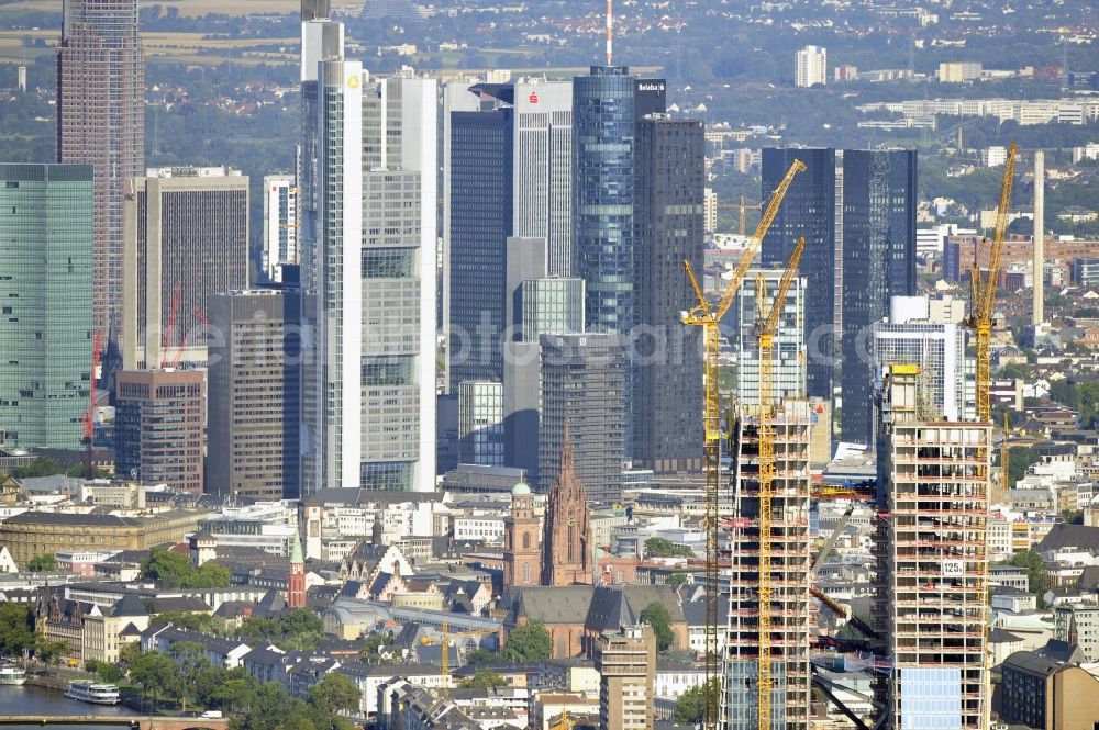 Frankfurt am Main from the bird's eye view: High-rise construction of the twin towers of the ECB's headquarters in Frankfurt / Main in Hesse. The new headquarters of the European Central Bank is a design by the architects of Coop Himmelb (l) au