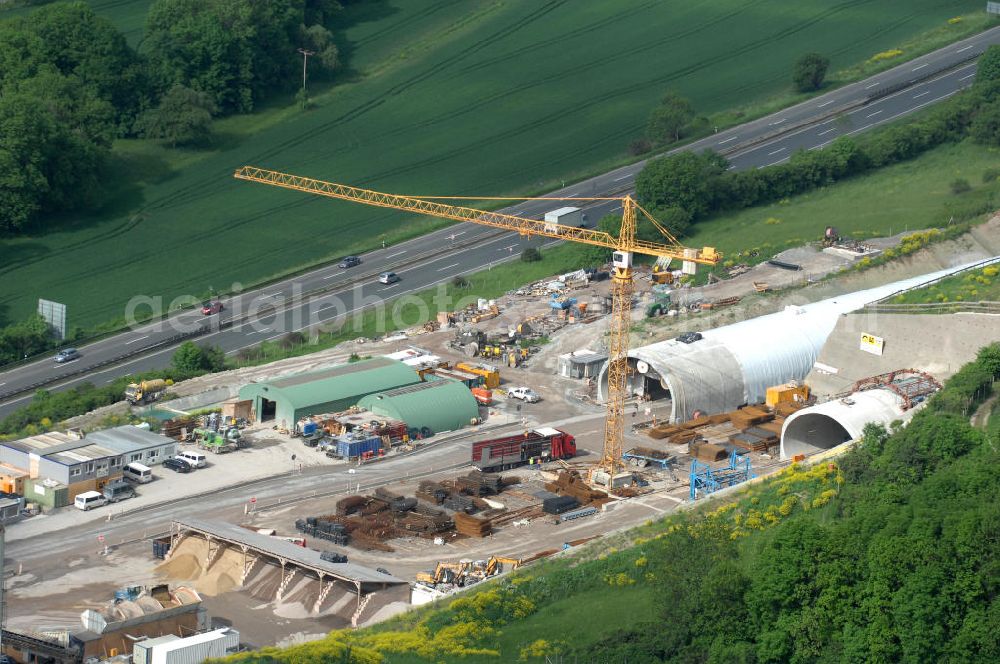 Göschwitz bei Jena from the bird's eye view: Blick auf die Baustelle der Autobahnverlegung Europastrasse E40 A4 bei Jena im Bereich des Jagdbergtunnels. Bauherr: DEGES (Deutsche Einheit Fernstraßenplanungs- und bau GmbH, Berlin), Bauausführung: ARGE: Baresel, Beton und Monierbau, Kirchhoff Leipzig Ausführungsplanung: Bauzeit: 2008 - 2012 View of the construction site chase mountain highway tunnel laying E40 European highway A4 at Jena.