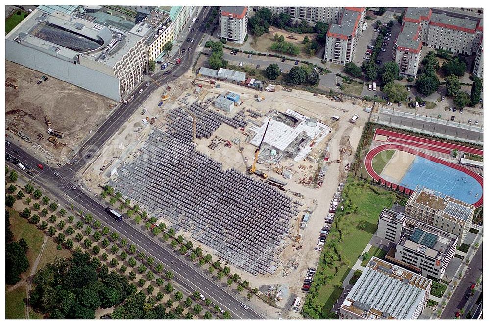 Aerial image Berlin - View of the Holocaust memorial in Berlin Mitte. It is a monument for those under the rule of the german in the Holocaust murdered Jews