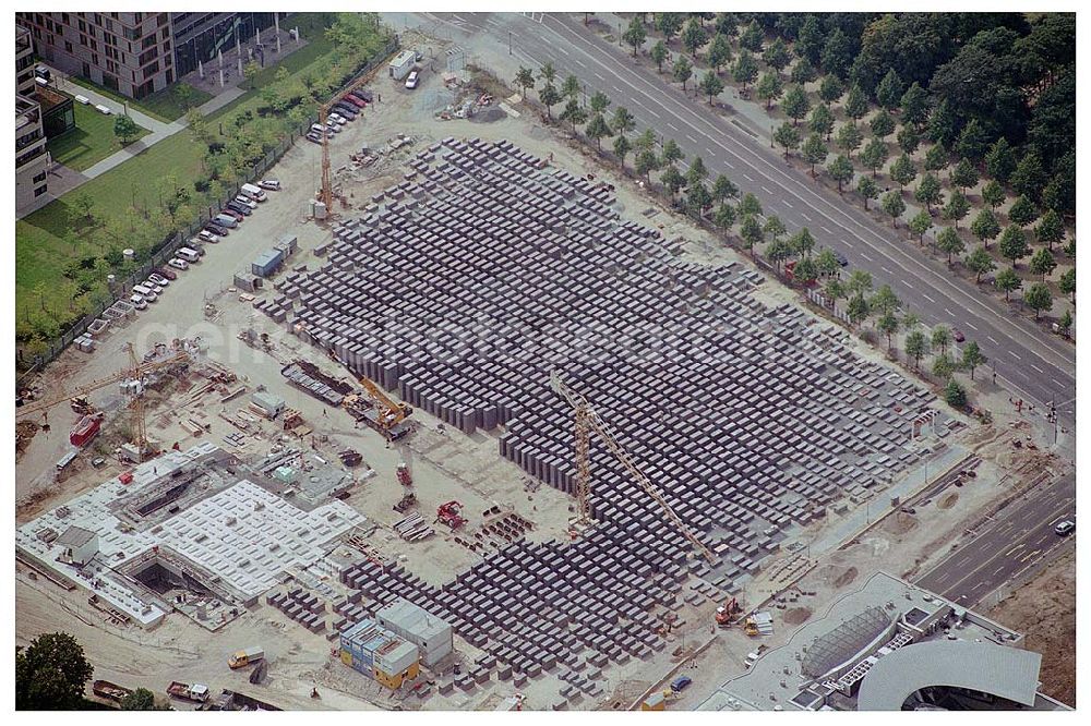 Berlin from the bird's eye view: View of the Holocaust memorial in Berlin Mitte. It is a monument for those under the rule of the german in the Holocaust murdered Jews