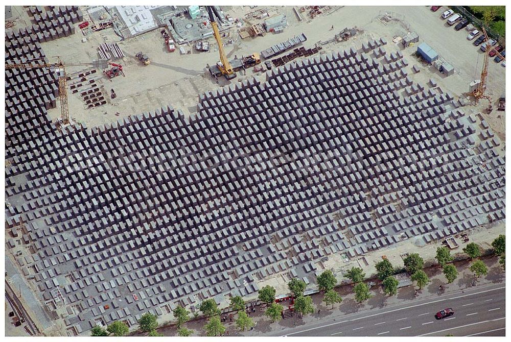 Aerial image Berlin - View of the Holocaust memorial in Berlin Mitte. It is a monument for those under the rule of the german in the Holocaust murdered Jews