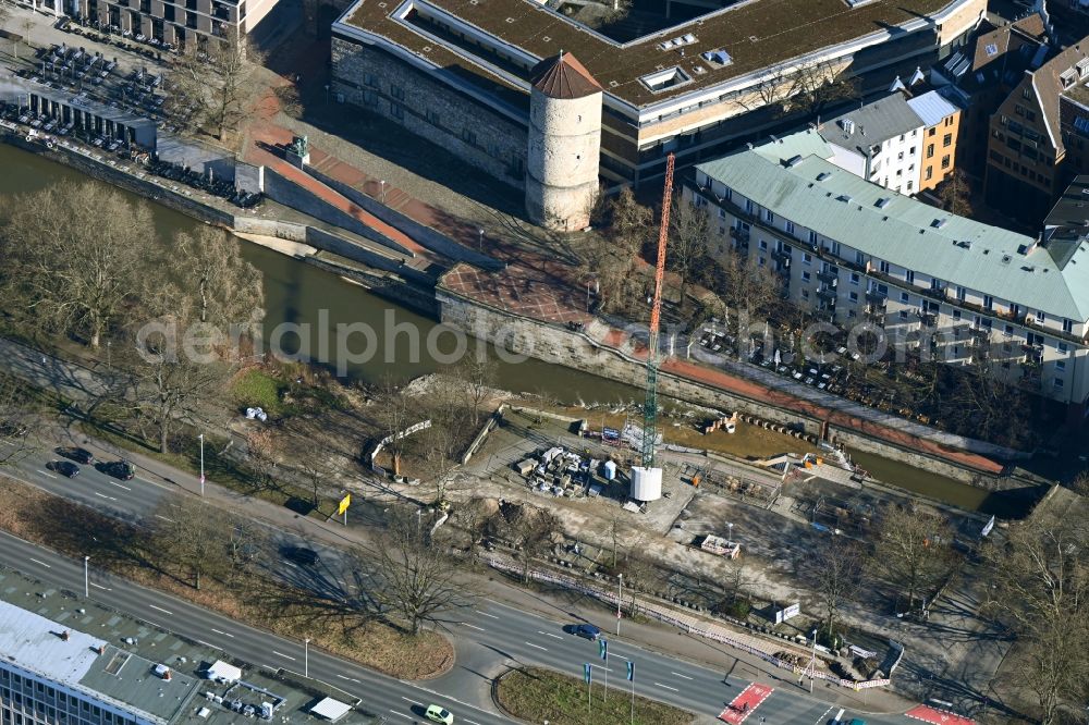 Aerial photograph Hannover - Construction site of the canal works on the course of the canal Leine on Leibnitzufer - Schlosstrasse in Hannover in the state Lower Saxony, Germany