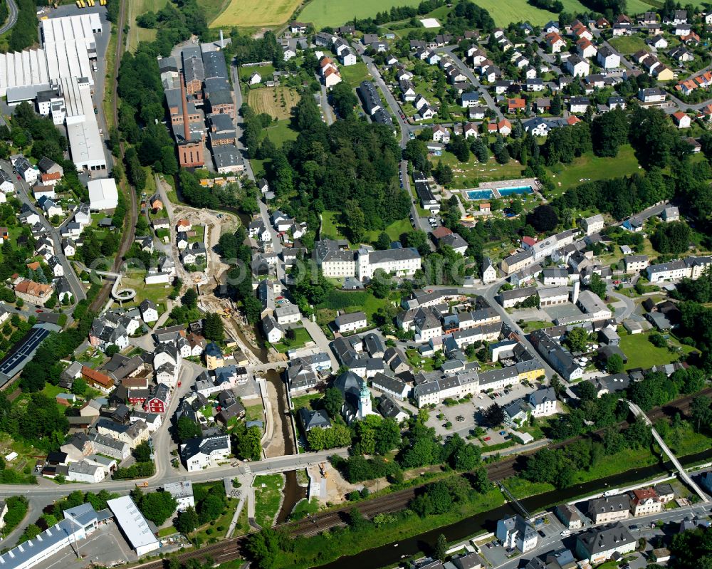 Aerial photograph Oberkotzau - Construction site of the canal works on the course of the Schwesnitz in Oberkotzau in the state Bavaria, Germany