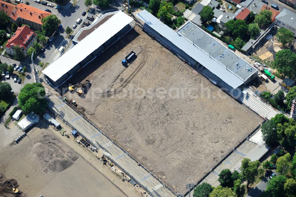 Potsdam Babelsberg from above - Baustelle vom Umbau des Karl-Liebknecht-Stadion in Babelsberg. Das Fußball-Stadion ist Heimspielstätte des SV Babelsberg 03 und des 1. FFC Rurbine Potsdam. Construction site of the rebuilding of the Stadium Karl-Liebknecht in Babelsberg.