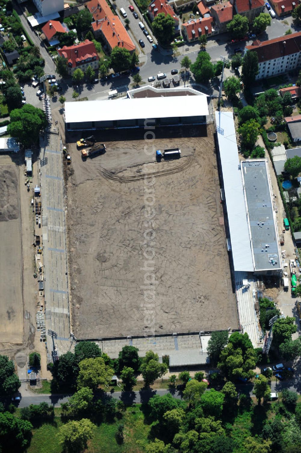 Aerial image Potsdam Babelsberg - Baustelle vom Umbau des Karl-Liebknecht-Stadion in Babelsberg. Das Fußball-Stadion ist Heimspielstätte des SV Babelsberg 03 und des 1. FFC Rurbine Potsdam. Construction site of the rebuilding of the Stadium Karl-Liebknecht in Babelsberg.